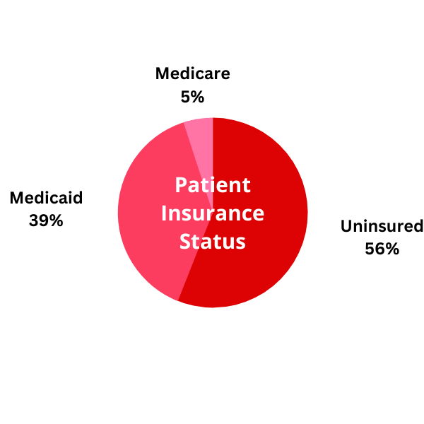 Patient Insurance Status: 56% Uninsured, 39% Medicaid, 5% Medicare