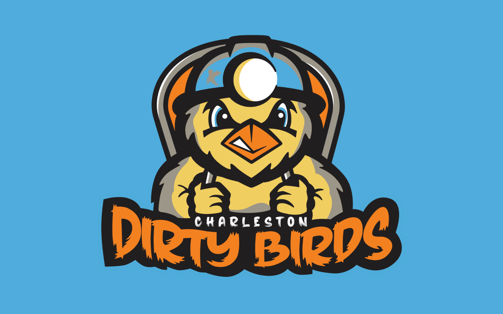 Charleston Dirty Birds logo, a cartoon-style logo of a yellow bird wearing a hard hat with a light on top. The bird is carrying a backpack and has an angry expression. The text "CHARLESTON" is written above the word "DIRTY BIRDS" in bold, stylized letters. The background is a solid light blue.